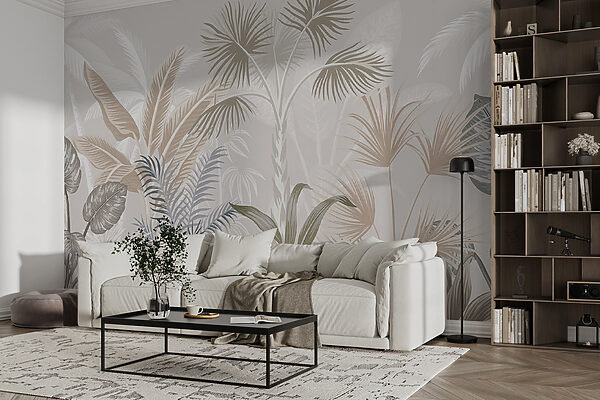 Tropical leaves in soft pastel hues