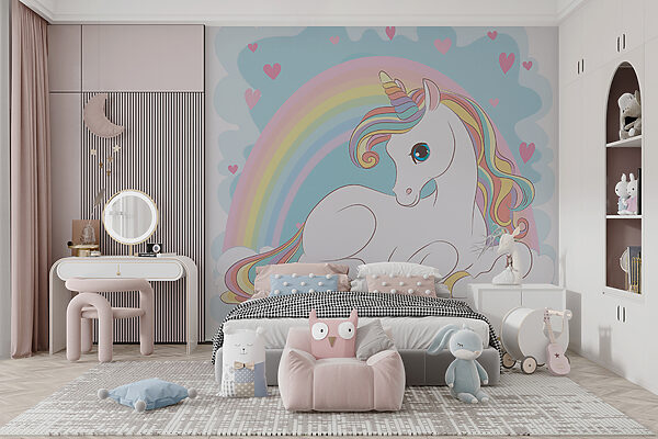 Unicorno seduto su una nuvola con arcobaleno e cuori Unicorno seduto su una nuvola con arcobaleno e cuori