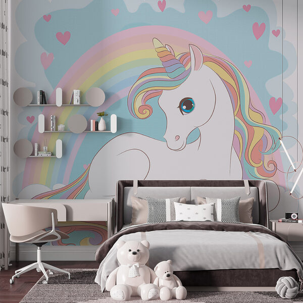 Unicorno seduto su una nuvola con arcobaleno e cuori Unicorno seduto su una nuvola con arcobaleno e cuori