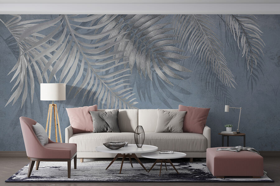 Sfondo blu con foglie d'argento