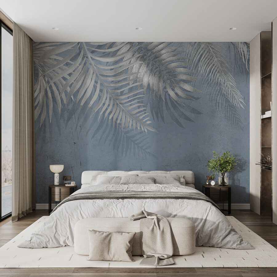Sfondo blu con foglie d'argento