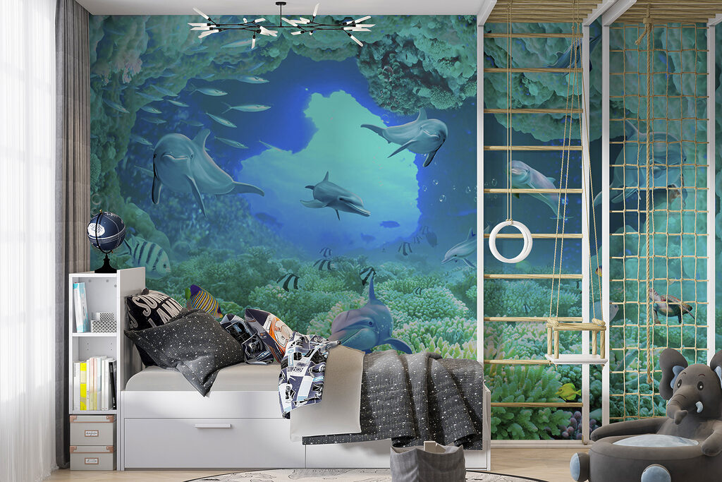 Group of dolphins and fish under water Group of dolphins and fish under water