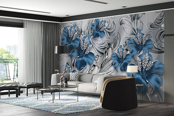 Fiori blu e argento su sfondo argento e nero Fiori blu e argento su sfondo argento e nero