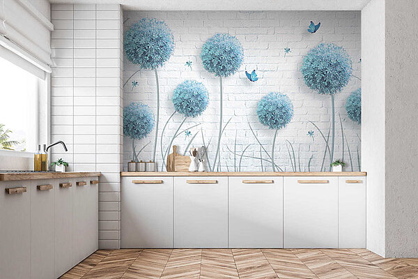 Carta da parati con fiori blu e farfalle Carta da parati con fiori blu e farfalle