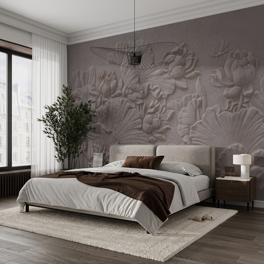 Elegante disegno floreale a rilievo in beige.