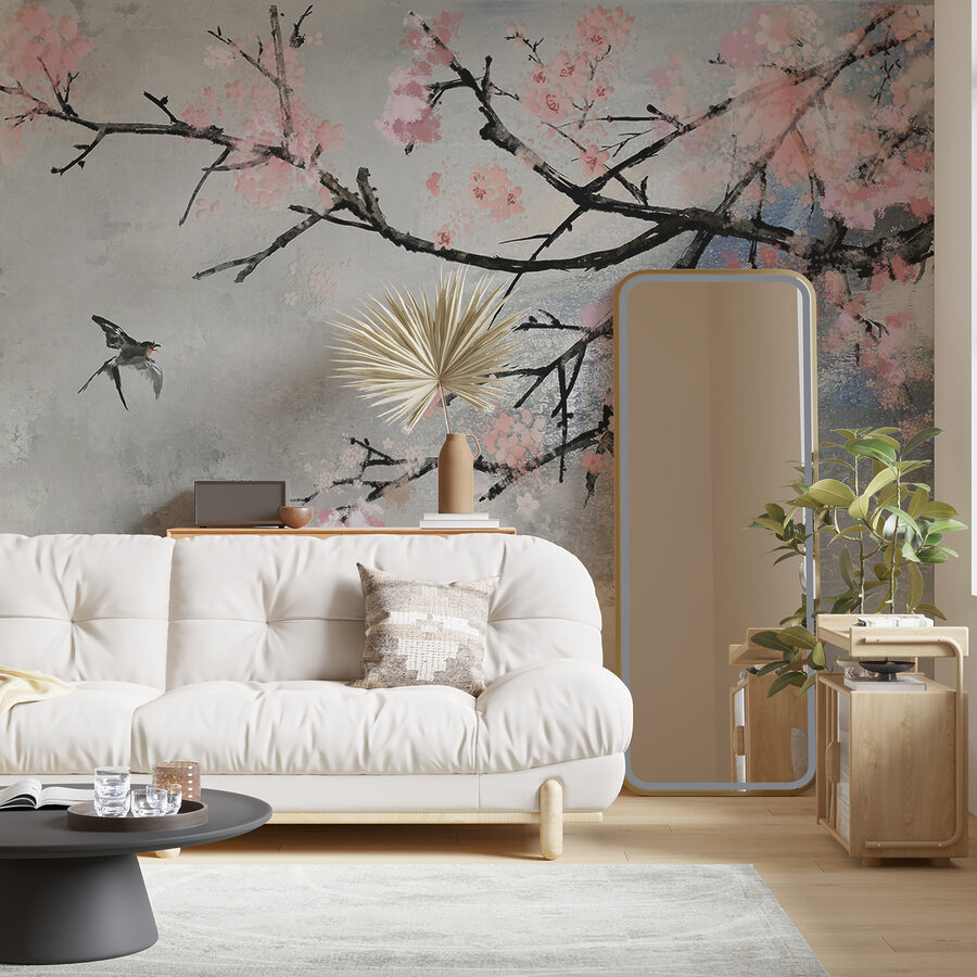 Ramo di albero con fiori rosa e uccelli in volo Ramo di albero con fiori rosa e uccelli in volo