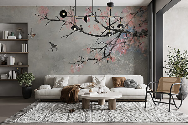 Ramo di albero con fiori rosa e uccelli in volo Ramo di albero con fiori rosa e uccelli in volo