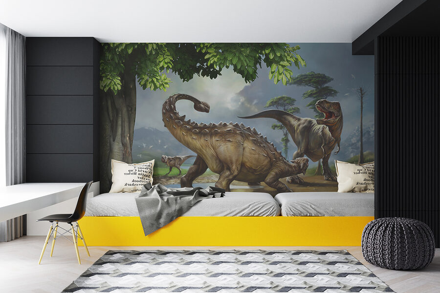 Pittura di dinosauri vicino a un fiume