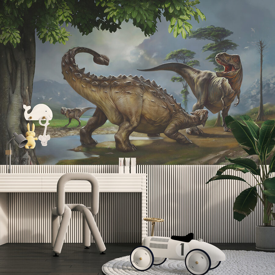 Pittura di dinosauri vicino a un fiume