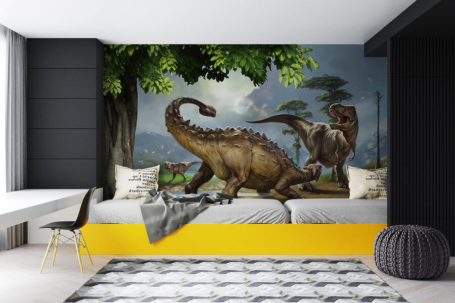Pittura di dinosauri vicino a un fiume