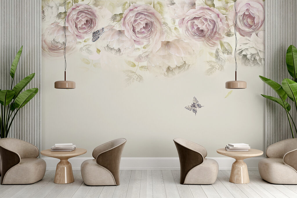 Pink roses and butterflies