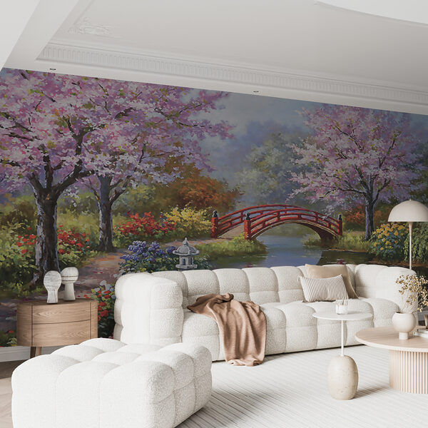 Pittura di uno stagno con ponte e fiori Pittura di uno stagno con ponte e fiori