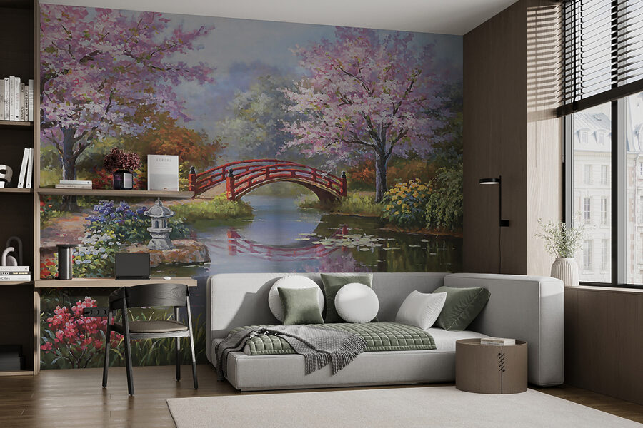 Pittura di uno stagno con ponte e fiori Pittura di uno stagno con ponte e fiori