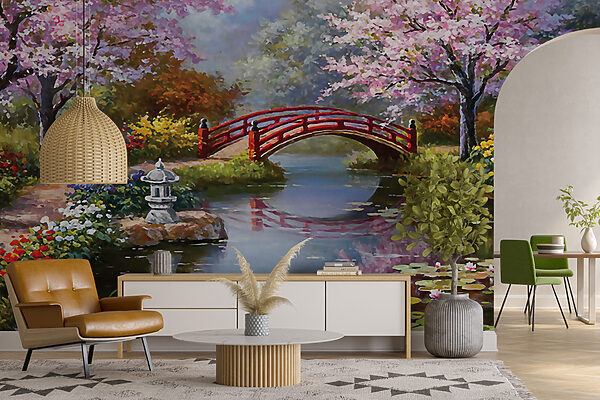 Pittura di uno stagno con ponte e fiori Pittura di uno stagno con ponte e fiori