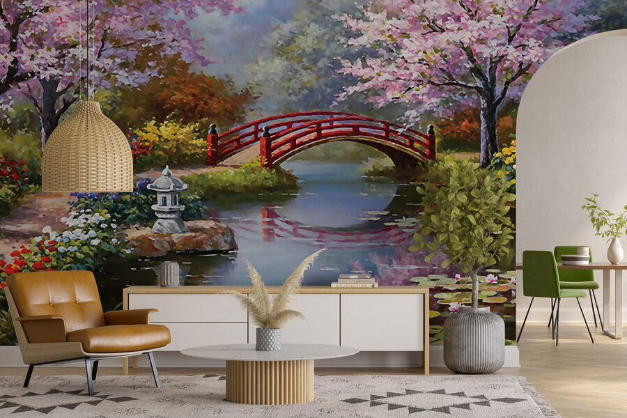 Pittura di uno stagno con ponte e fiori Pittura di uno stagno con ponte e fiori