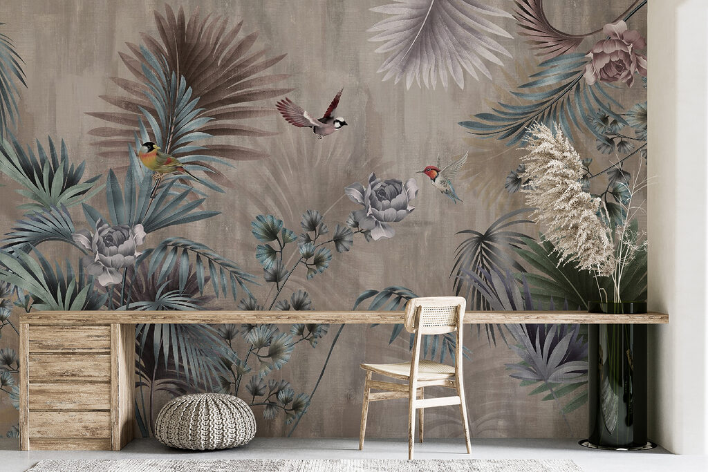 Wallpaper with birds and flowers