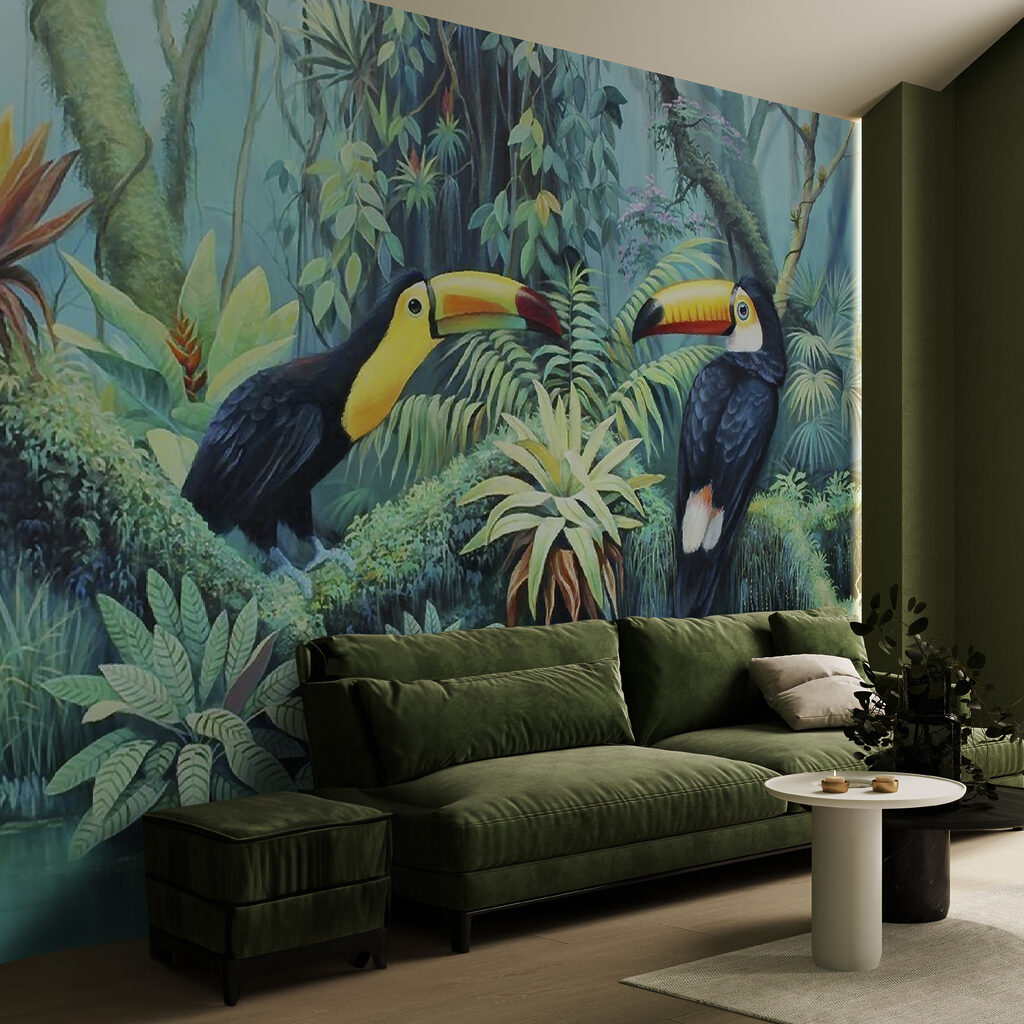 Painting of birds in a forest