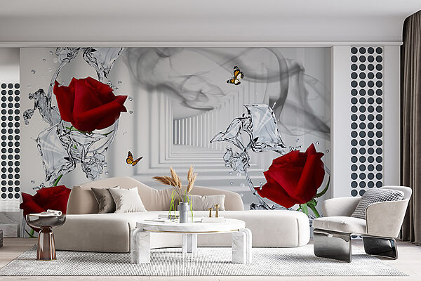 Rose rosse e farfalle in un bicchiere Rose rosse e farfalle in un bicchiere