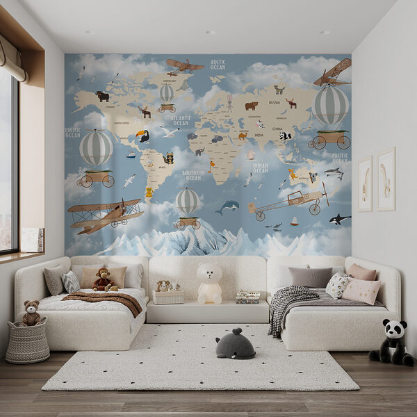 Mappa del mondo con diversi animali e uccelli Mappa del mondo con diversi animali e uccelli