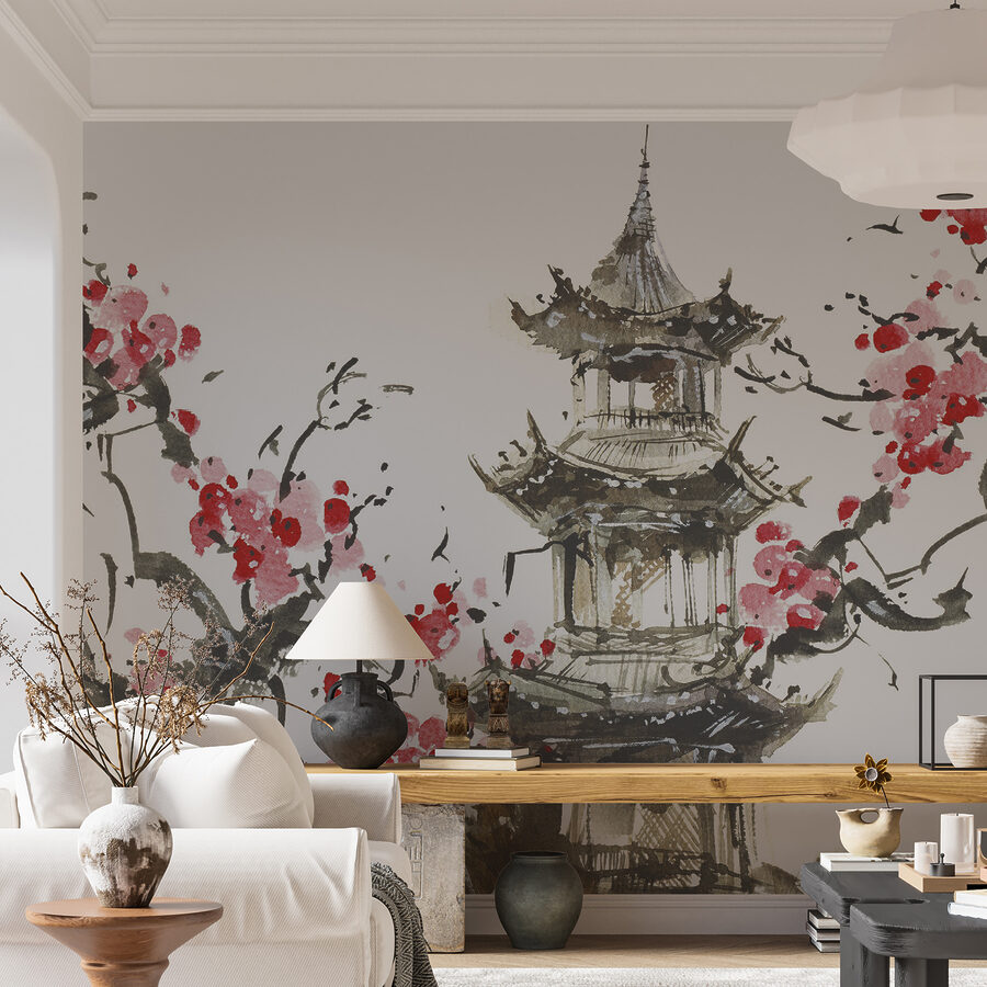 Pittura di una pagoda e fiori di ciliegio Pittura di una pagoda e fiori di ciliegio