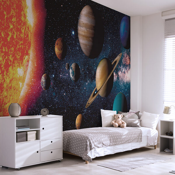 Pianeti nello spazio con stelle e una stella luminosa Pianeti nello spazio con stelle e una stella luminosa