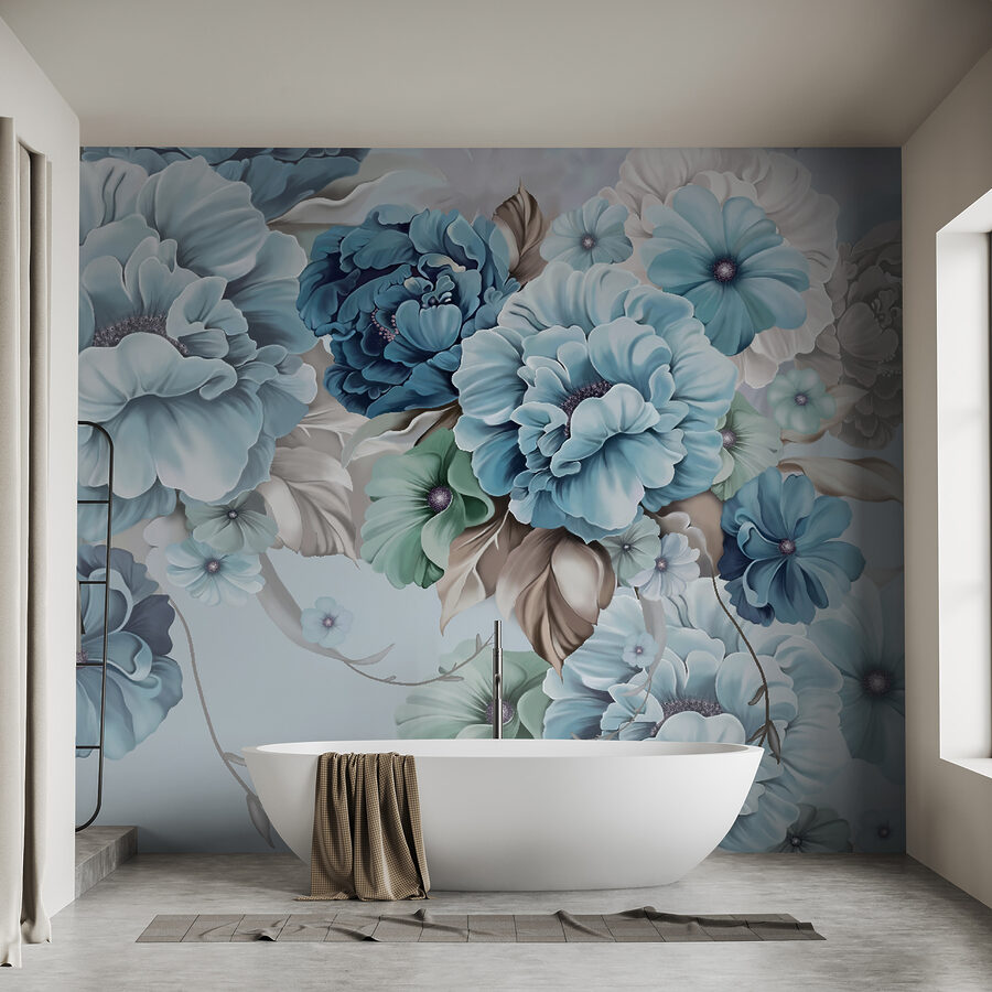 Composizione floreale blu tenue in fiore.