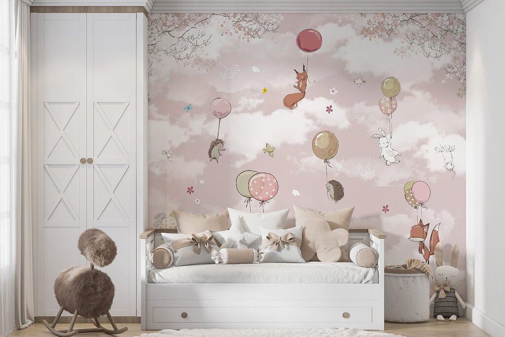 Group of animals flying with balloons in the sky