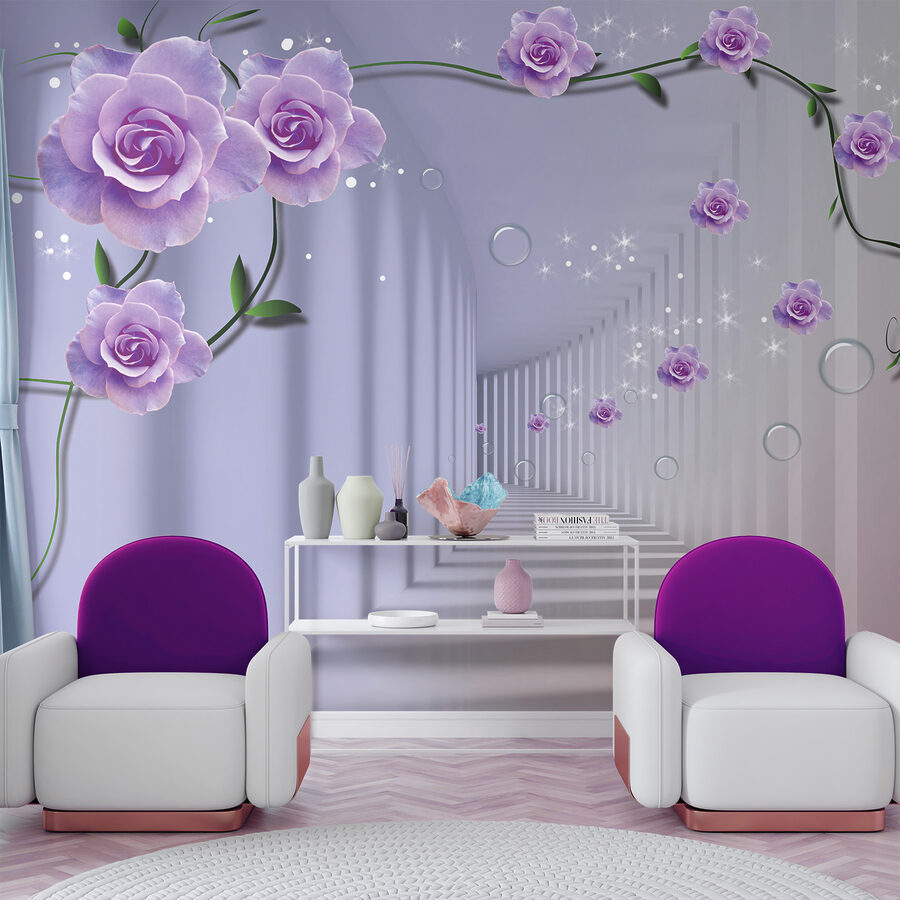 Carta da parati con rose viola e una scala