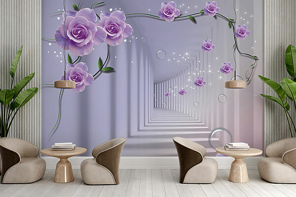 Carta da parati con rose viola e una scala Carta da parati con rose viola e una scala