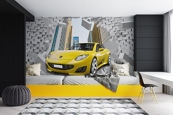 Auto gialla in un muro di mattoni Auto gialla in un muro di mattoni