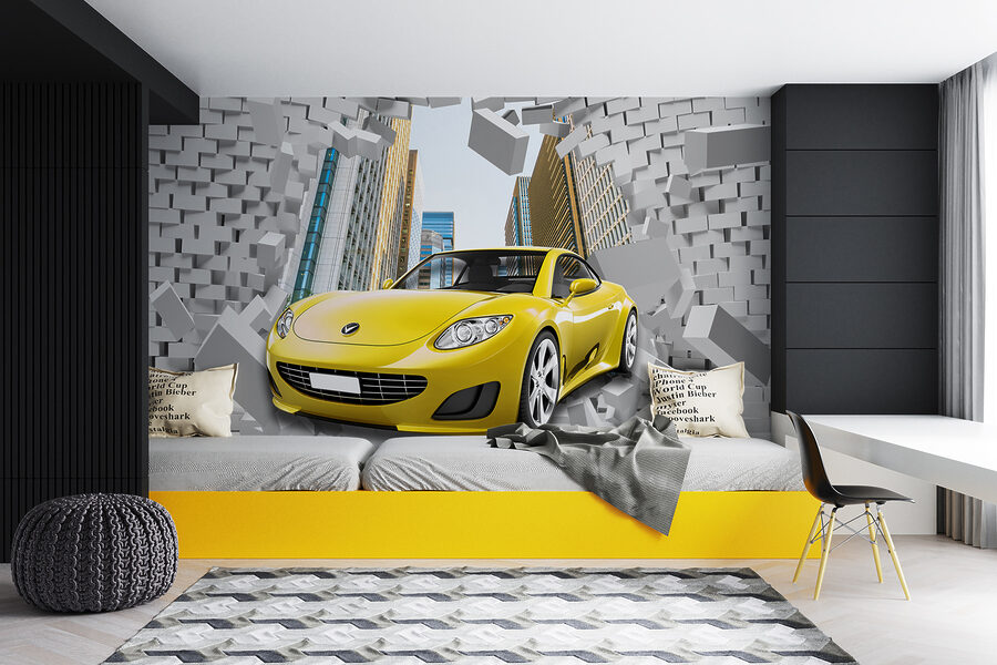 Auto gialla in un muro di mattoni Auto gialla in un muro di mattoni