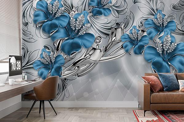 Fiori blu e argento su sfondo argento e nero Fiori blu e argento su sfondo argento e nero