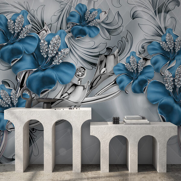 Fiori blu e argento su sfondo argento e nero Fiori blu e argento su sfondo argento e nero