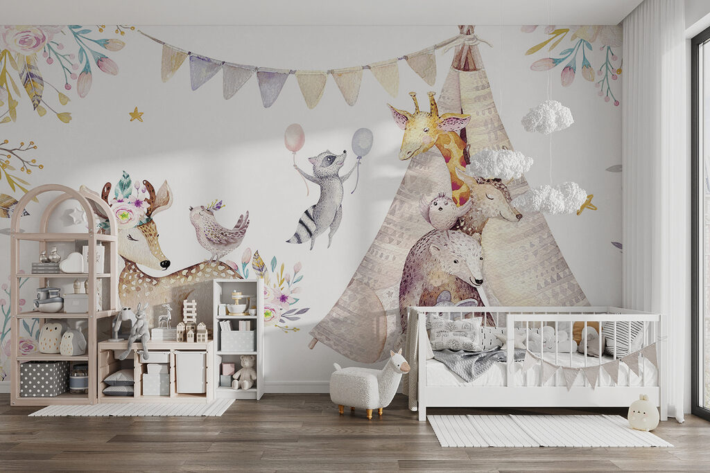 Group of animals with a teepee Group of animals with a teepee