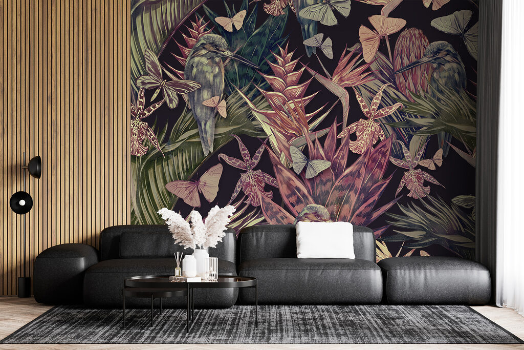 Pattern of tropical plants and birds