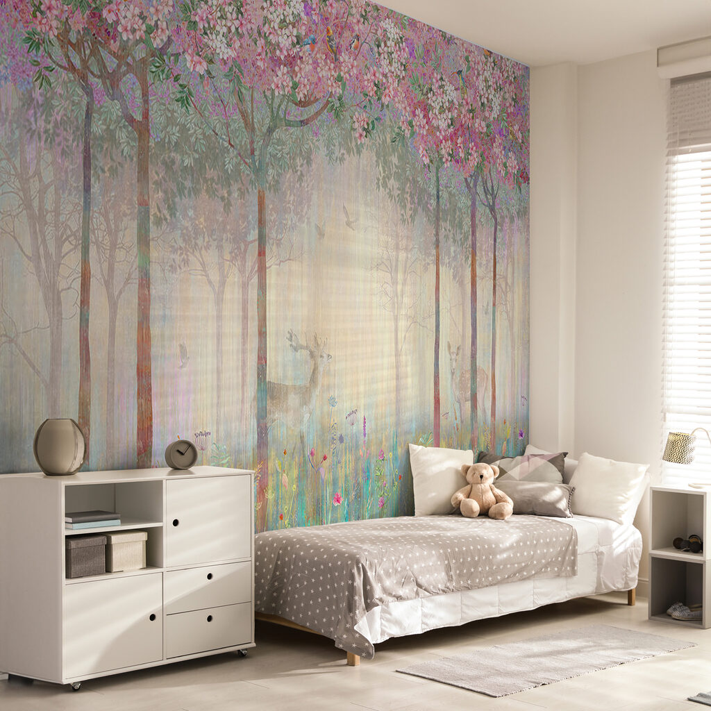 Painting of a forest with trees and flowers