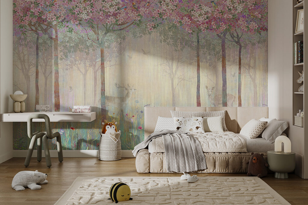 Painting of a forest with trees and flowers