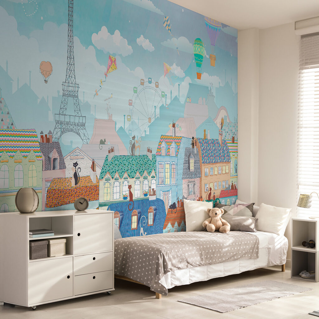 Cartoon city with many buildings and hot air balloons Cartoon city with many buildings and hot air balloons