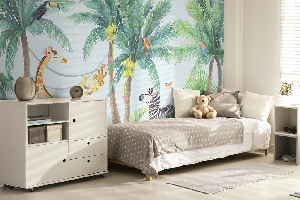 Giraffe and zebra in a jungle