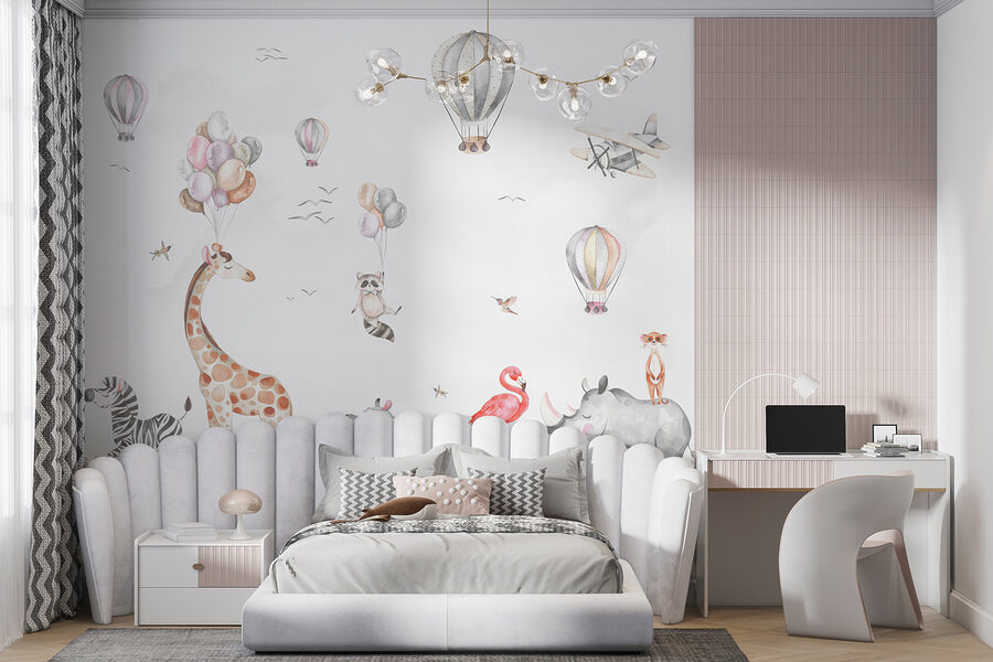 Murale con animali e mongolfiere