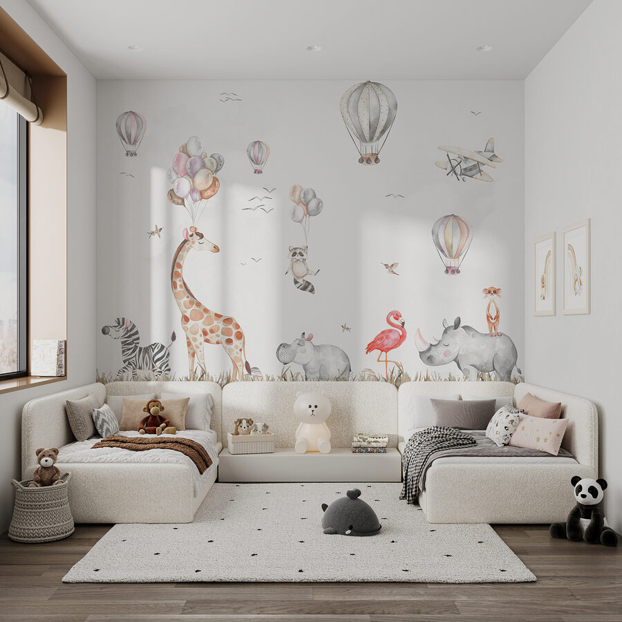 Murale con animali e mongolfiere