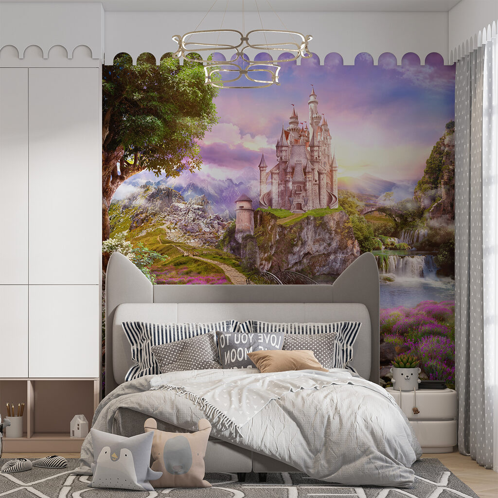 Castle on a cliff with a waterfall and a bridge Castle on a cliff with a waterfall and a bridge