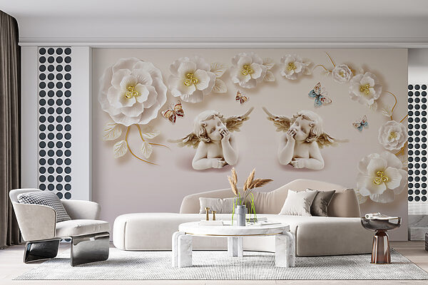 Group of angels with wings and flowers