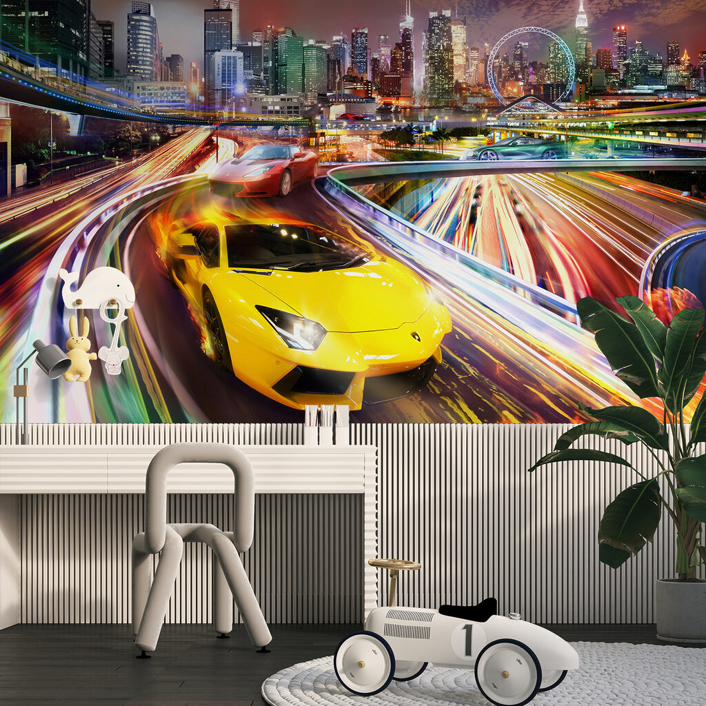 Yellow and red sports cars on a road with a city in the background