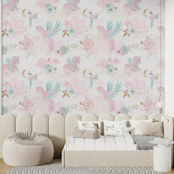 Motivo di unicorni e fiori rosa e blu Motivo di unicorni e fiori rosa e blu