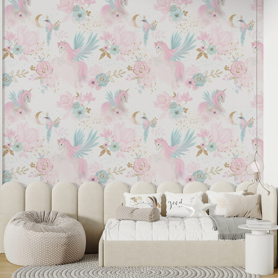Motivo di unicorni e fiori rosa e blu Motivo di unicorni e fiori rosa e blu