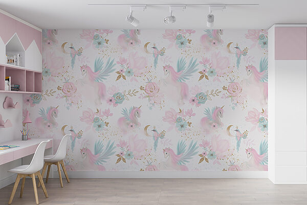 Motivo di unicorni e fiori rosa e blu Motivo di unicorni e fiori rosa e blu