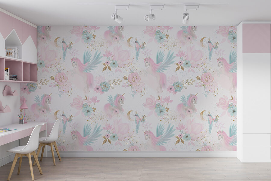 Motivo di unicorni e fiori rosa e blu Motivo di unicorni e fiori rosa e blu