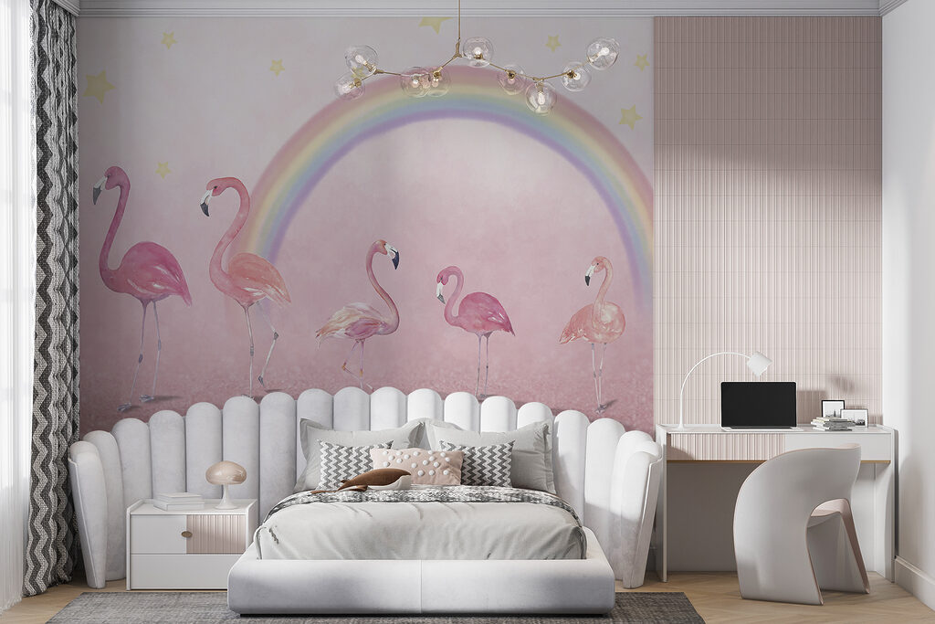 Group of flamingos with a rainbow