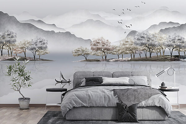 Pittura di un lago con alberi e montagne Pittura di un lago con alberi e montagne